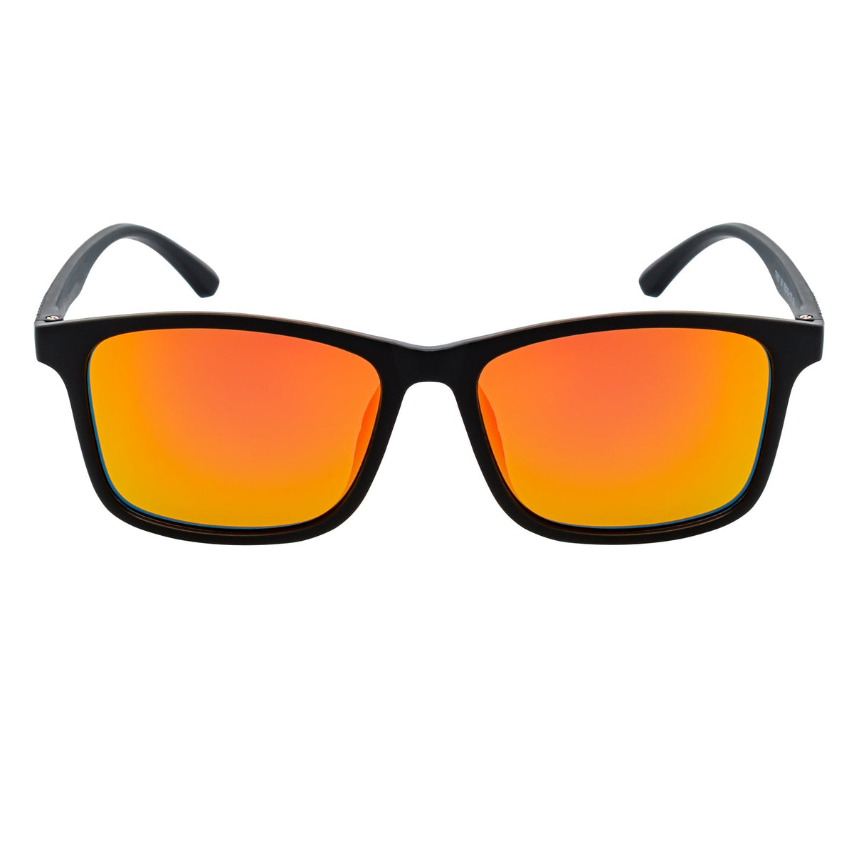 Polarized horn-rimmed sunglasses by Morspecs in matte black with orange mirror lenses, perfect for commuter style and sun protection.