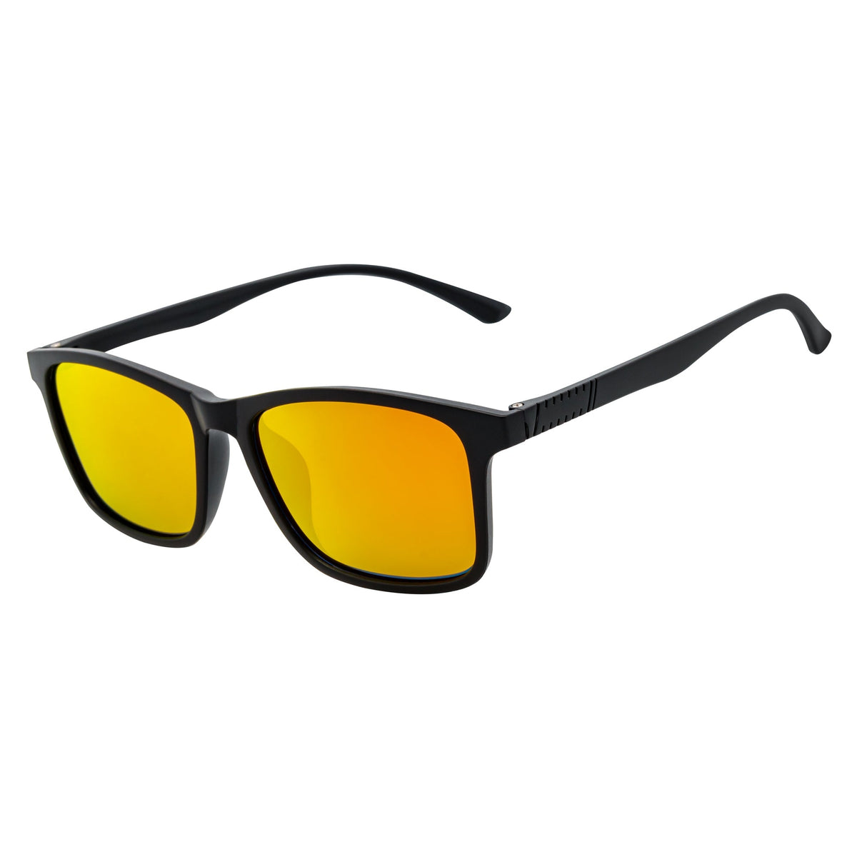 Morspecs commuter polarized horn-rimmed sunglasses with matte black frame and orange mirror lenses, stylish and protective eyewear.