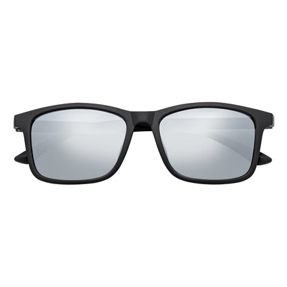 Morspecs commuter polarized horn-rimmed sunglasses with matte black frame and silver mirror lenses, outdoor eyewear for sun protection