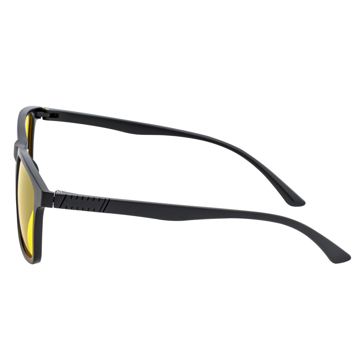 Morspecs commuter polarized horn-rimmed sunglasses with matte black frames and yellow lenses, stylish and protective eyewear.