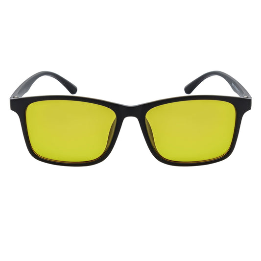 Morspecs commuter polarized horn-rimmed sunglasses with matte black frame and yellow lenses, stylish and protective eyewear.