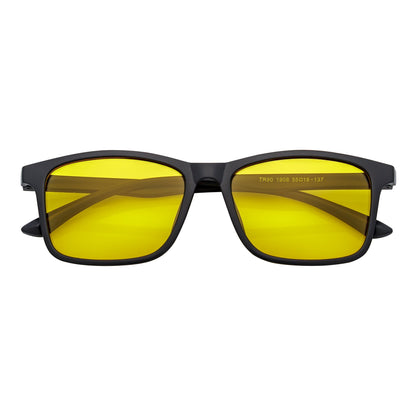Morspecs commuter polarized horn rimmed sunglasses with matte black frame and yellow lenses on a white background.