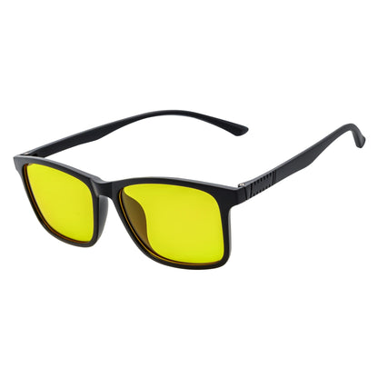 Morspecs commuter polarized horn-rimmed sunglasses with matte black frame and yellow lenses, stylish and protective eyewear.