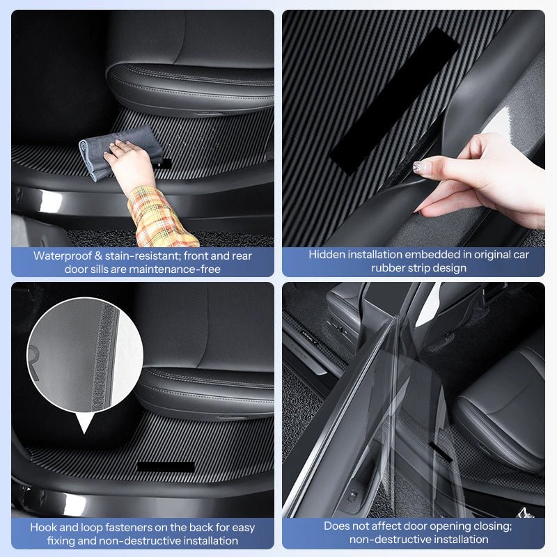 Tesla Model Y Juniper interior door sill protector kit by Tesery, showcasing durable protective strips installed on door sills.