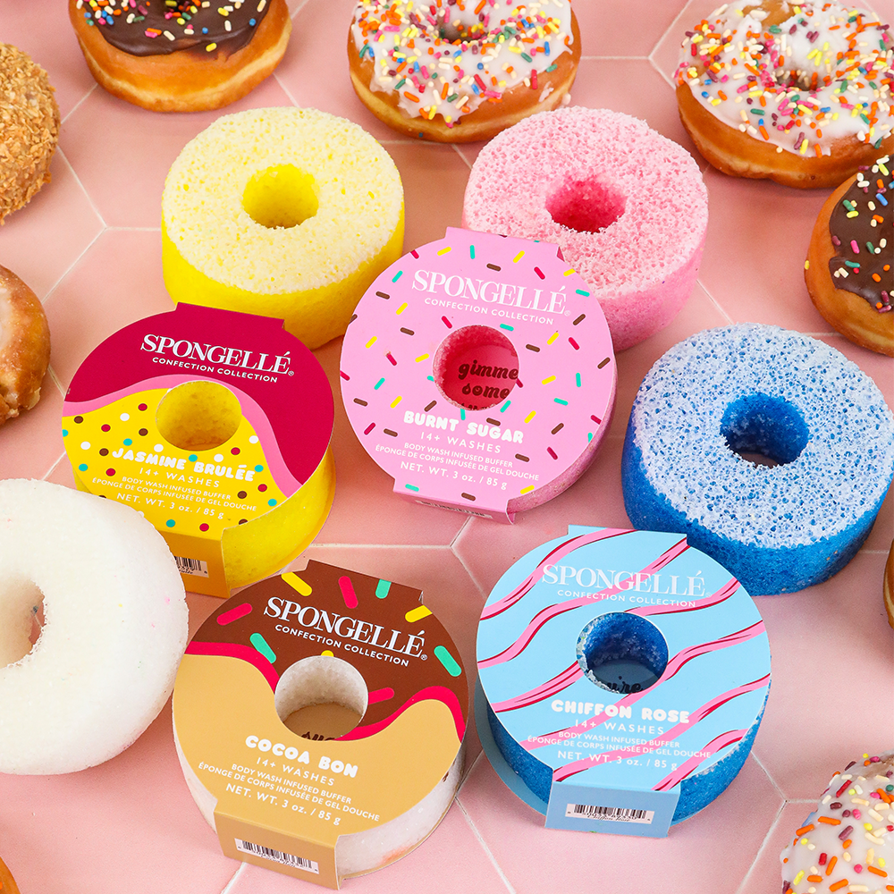 Spongellé Confection Buffer Assorted Pack, body wash infused buffers with colorful, textured sponge surfaces for gentle cleansing.