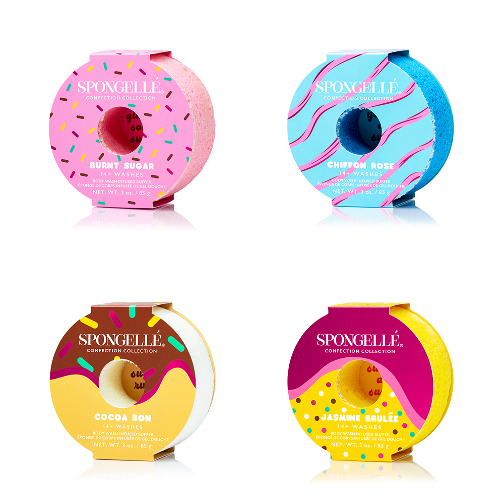 Spongellé Confection Buffer Assorted Pack, body wash infused buffers with colorful, textured sponges for gentle exfoliation.
