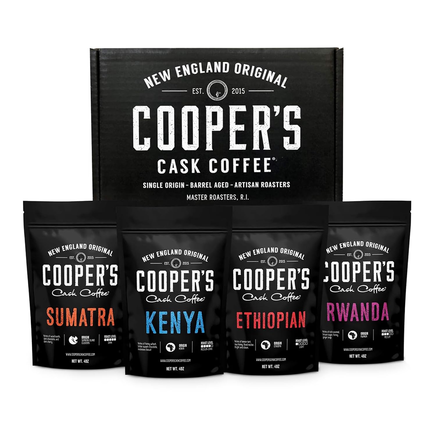 Cooper's Cask Coffee gourmet coffee sampler gift box with four ground coffee bags: Sumatra Dark, Kenya AA Medium-Dark, Rwanda Medium, Ethiopian Light.