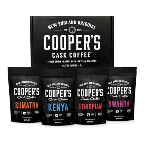 Cooper's Cask Coffee gourmet sampler gift box with four 16oz ground coffee bags: Sumatra Dark, Kenya AA, Rwanda, Ethiopian Light.