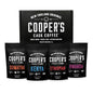 Cooper's Cask Coffee gourmet sampler gift box with four 16oz ground coffee bags: Sumatra Dark, Kenya AA, Rwanda, Ethiopian Light.