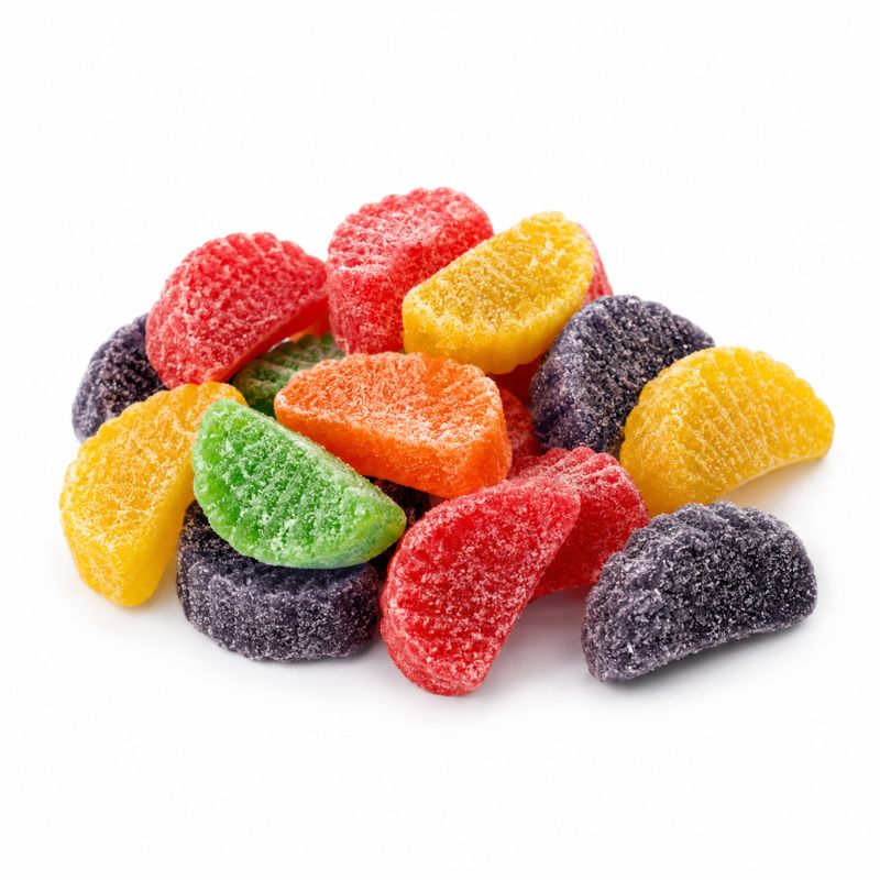 Assorted fruit flavored candy slices in a bulk value bag by Candy In Bulk, showing colorful, bite-sized fruit candies.