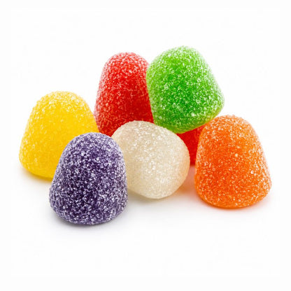 Assorted Sunrise Spice Drops gummy candies in a bulk value bag by Candy In Bulk, colorful and fruity gummy candies on a white background.