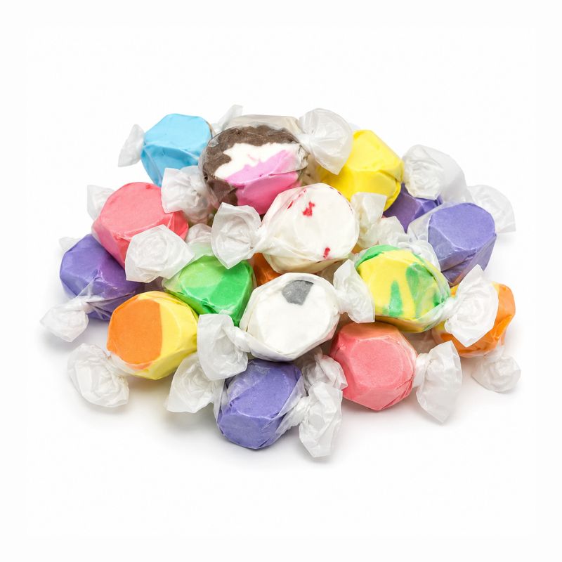 Assorted flavors of Salt Water Taffy Candy in a bulk value bag by Candy In Bulk, colorful chewy candies on a white background.