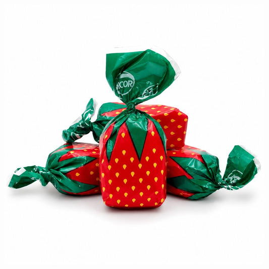 Assorted Arcor Strawberry Filled Bon Bons hard candies from Candy In Bulk in a bulk value bag. Bright red candy with strawberry filling.
