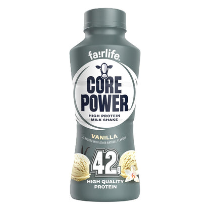 Core Power Elite High Protein Shake in vanilla flavor, 14 fl oz bottle, showing the creamy vanilla drink in a clear bottle.