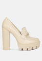 Beige Corinne Chain Embellished Chunky Loafers by Rag & Co featuring chain details and a chunky loafer style.