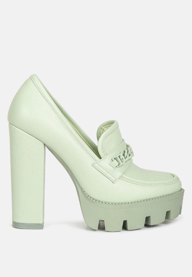 Green Corinne Chain Embellished Chunky Loafers by Rag & Co, featuring stylish chain details and a chunky loafer design.