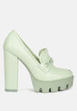 Green Corinne Chain Embellished Chunky Loafers by Rag & Co, featuring stylish chain details and a chunky loafer design.