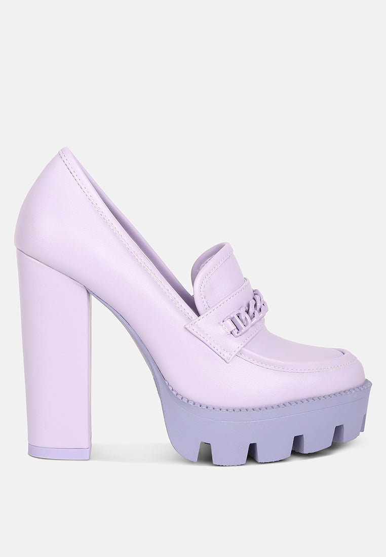 Lilac Corinne Chain Embellished Chunky Loafers by Rag & Co, stylish sandals with chain accents and chunky soles.