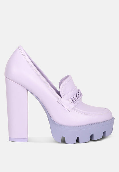 Lilac Corinne Chain Embellished Chunky Loafers by Rag & Co, stylish sandals with chain accents and chunky soles.