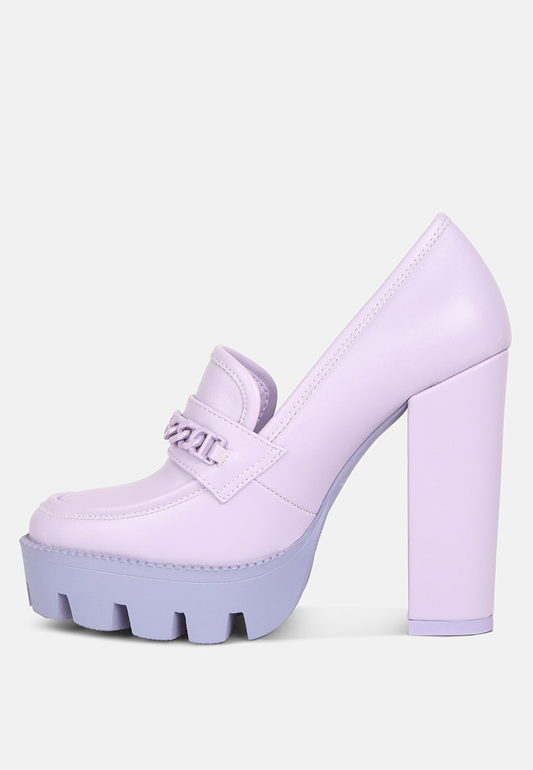 Lilac Corinne Chain Embellished Chunky Loafers by Rag & Co with decorative chain detail on stylish sandal design