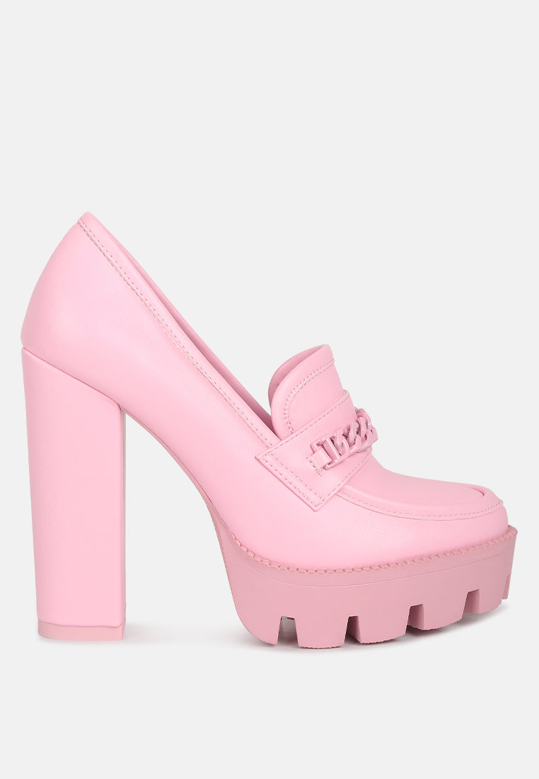 Pink Corinne Chain Embellished Chunky Loafers by Rag & Co featuring chain details and a chunky sole, styled as casual slip-on sandals.