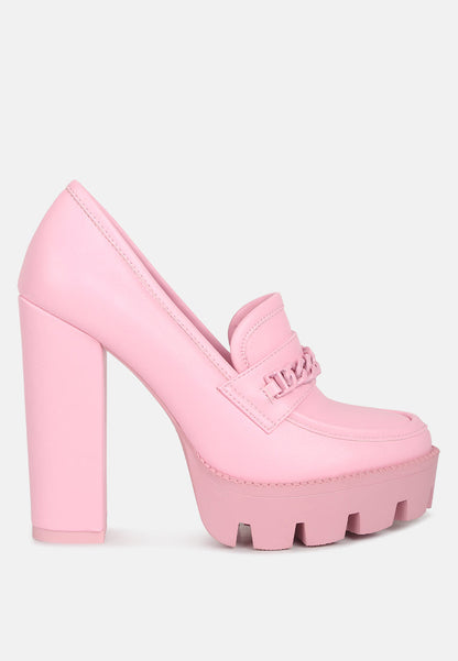 Pink Corinne Chain Embellished Chunky Loafers by Rag & Co featuring chain details and a chunky sole, styled as casual slip-on sandals.