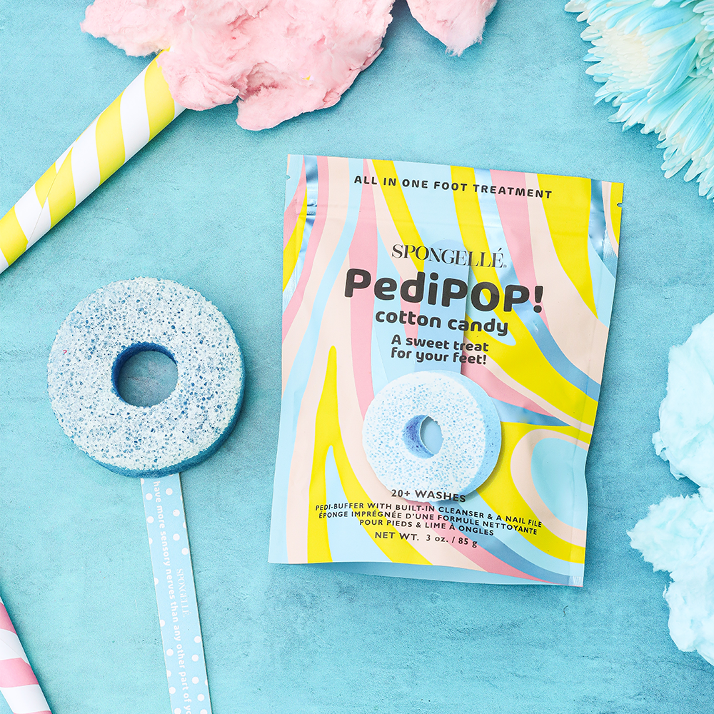 Spongellé PediPOP! cotton candy Pedi Buffer and nail file, soft pink buffer with cotton candy design for pedicure and nail care.