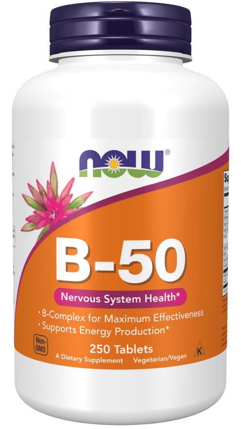 Bottle of Country Life B-50 Vitamins & Supplements with 250 tablets, showing the label and tablets inside the container.