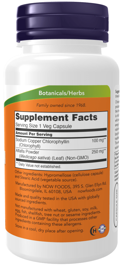 Country Life Natural Foods Chlorophyll 100 mg supplement capsules, green plant extract in a bottle, for natural health support.