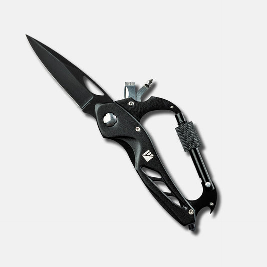 Dark Energy Carabiner Pro in black with silver gate, featuring a sturdy metal clip for keychains, gear, or outdoor use.