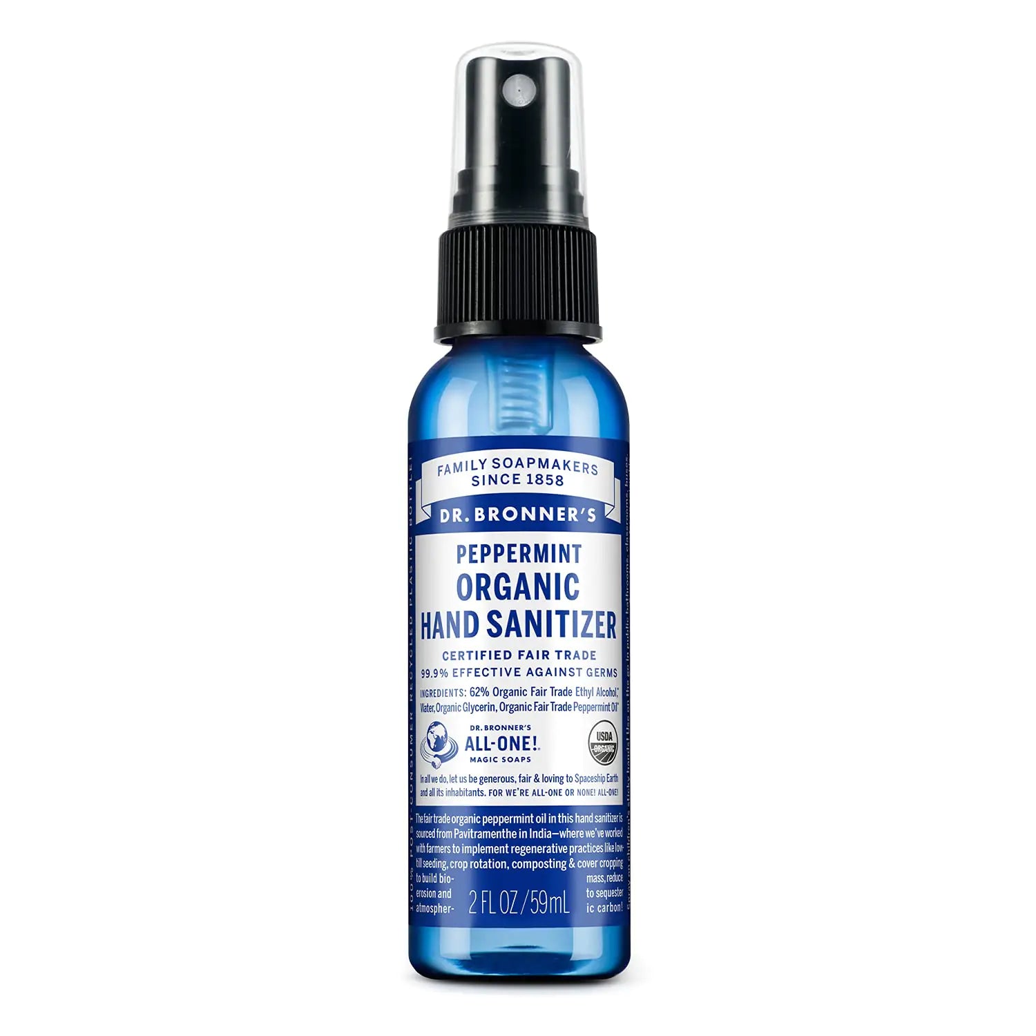 Dr. Bronners - Organic Hand Sanitizer Spray (Peppermint 2 ounce) - Simple and Effective Formula Cleanses & Sanitizes No Harsh Chemicals Moisturizes and Cleans Hands