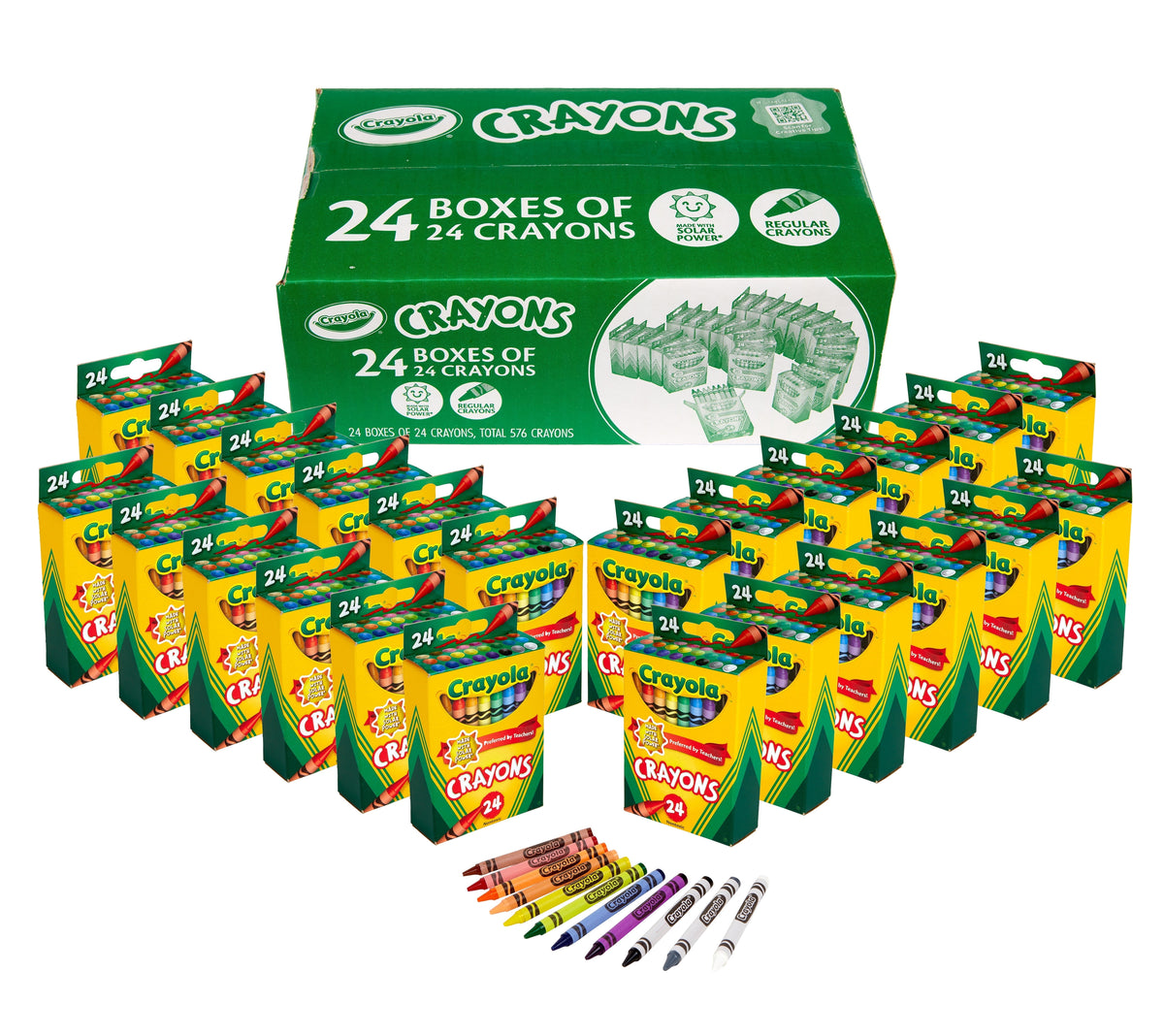 Crayola Crayons Bulk set with 24 packs of 24 colorful crayons, ideal for classroom art supplies and creative projects.