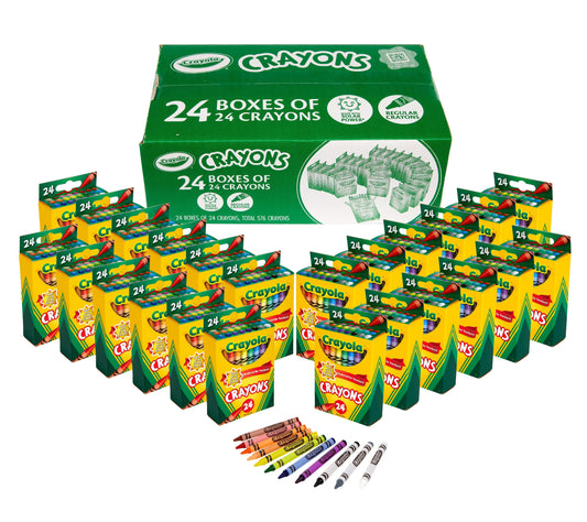 Crayola Crayons Bulk set with 24 packs of 24 colorful crayons, ideal for classroom art supplies and creative projects.