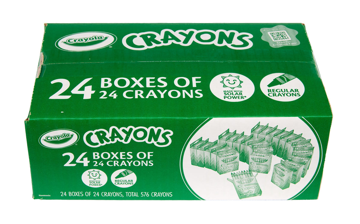 Box of Crayola Crayons Bulk with 24 packs of 24 colorful crayons, ideal for classroom supplies and art projects.