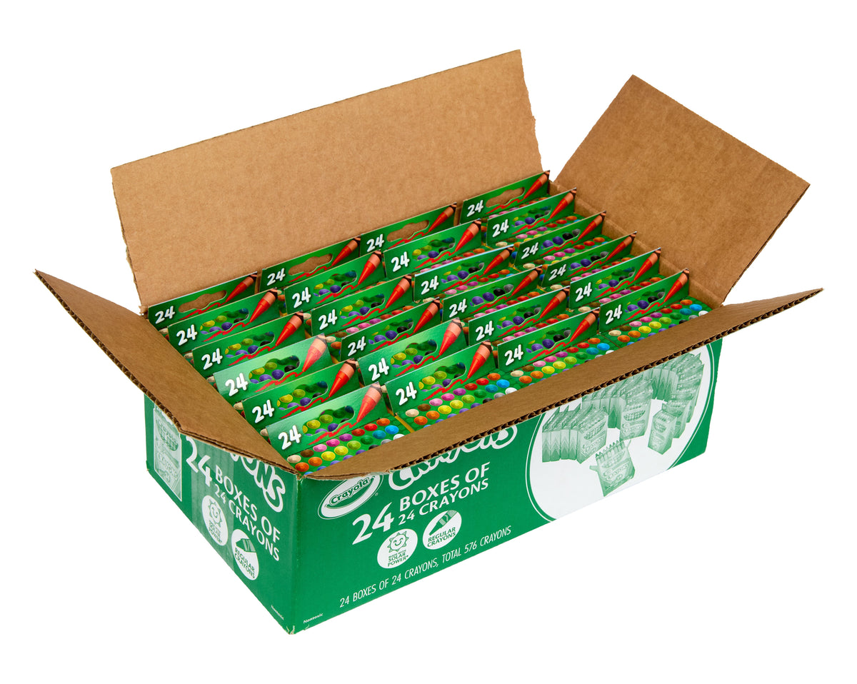 Crayola Crayons Bulk with 24 packs of 24, colorful classroom supplies for kids age 3 and up, featuring classic crayon colors.