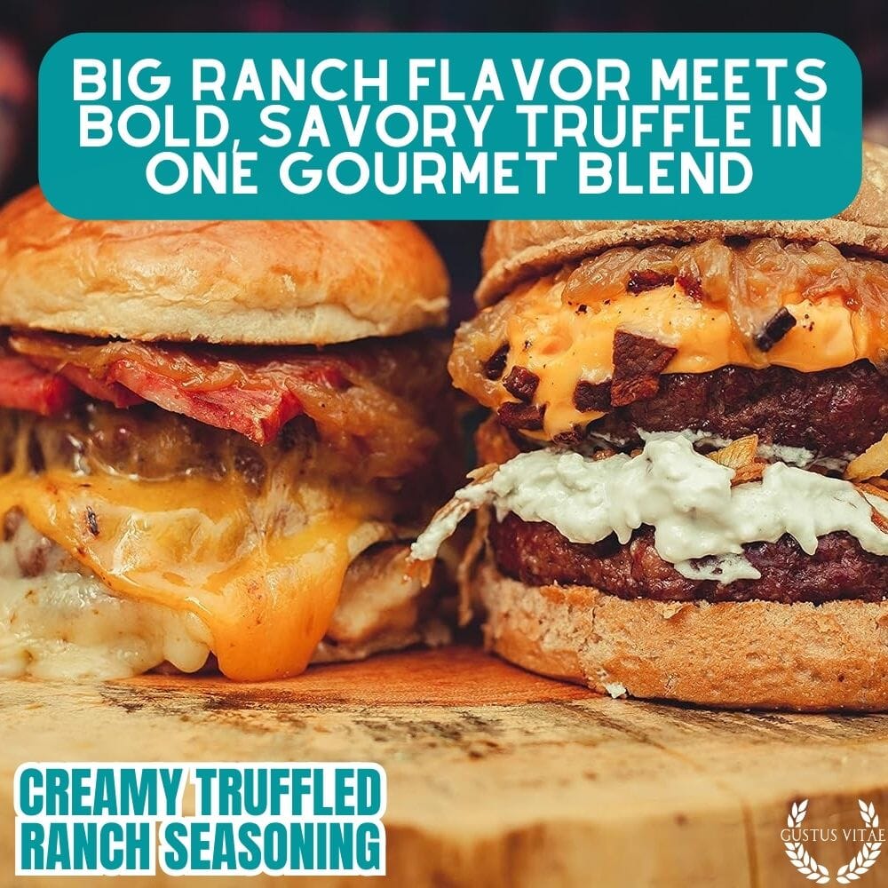 Creamy Truffled Ranch Seasoning from Gustus Vitae, gourmet seasoning blend with rich truffle and ranch flavors in a jar.
