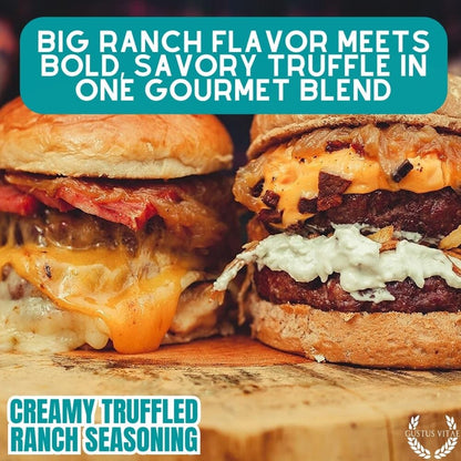 Creamy Truffled Ranch Seasoning from Gustus Vitae, gourmet seasoning blend with rich truffle and ranch flavors in a jar.