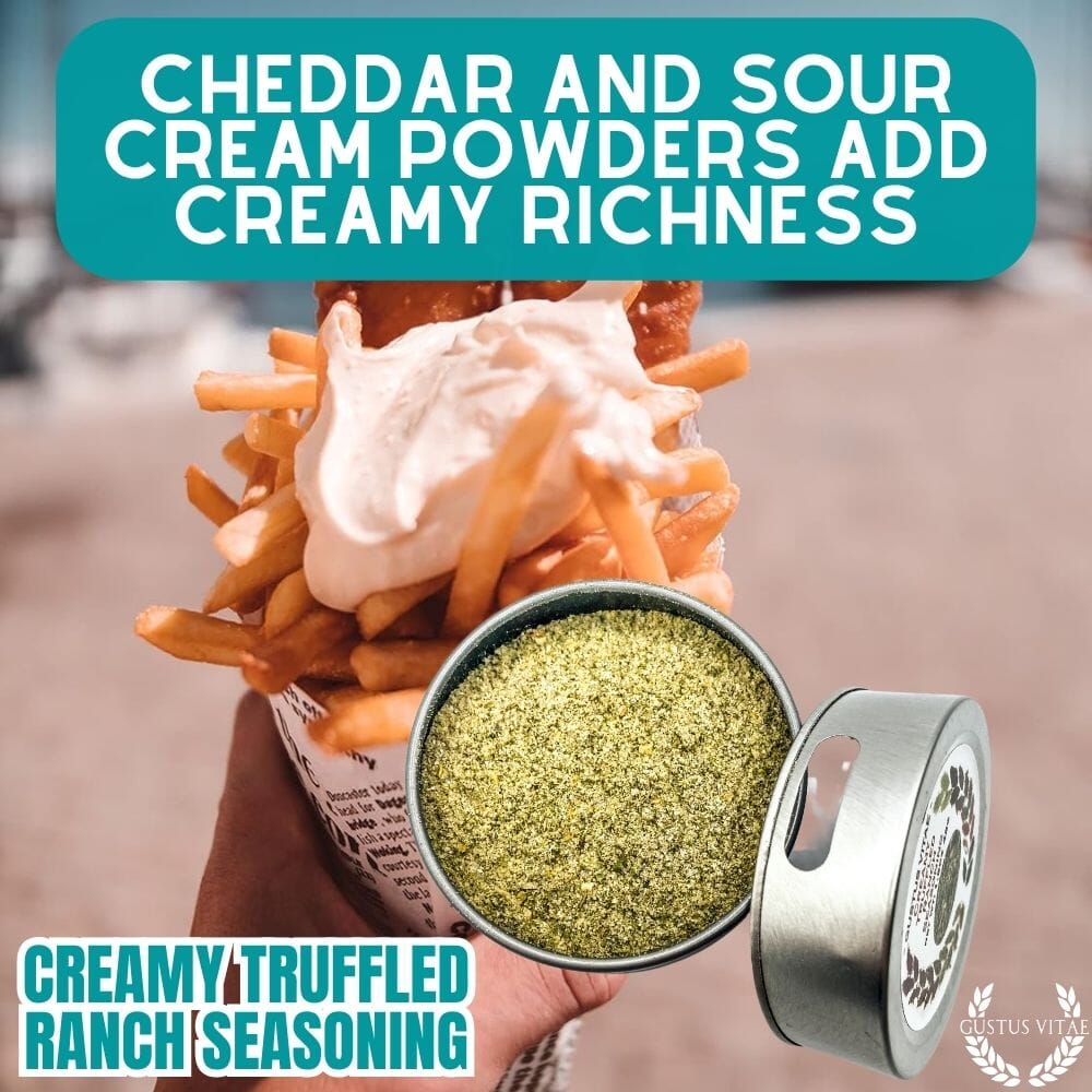 Creamy Truffled Ranch Seasoning by Gustus Vitae, a gourmet blend of creamy ranch flavor with truffle accents, in a seasoning jar.