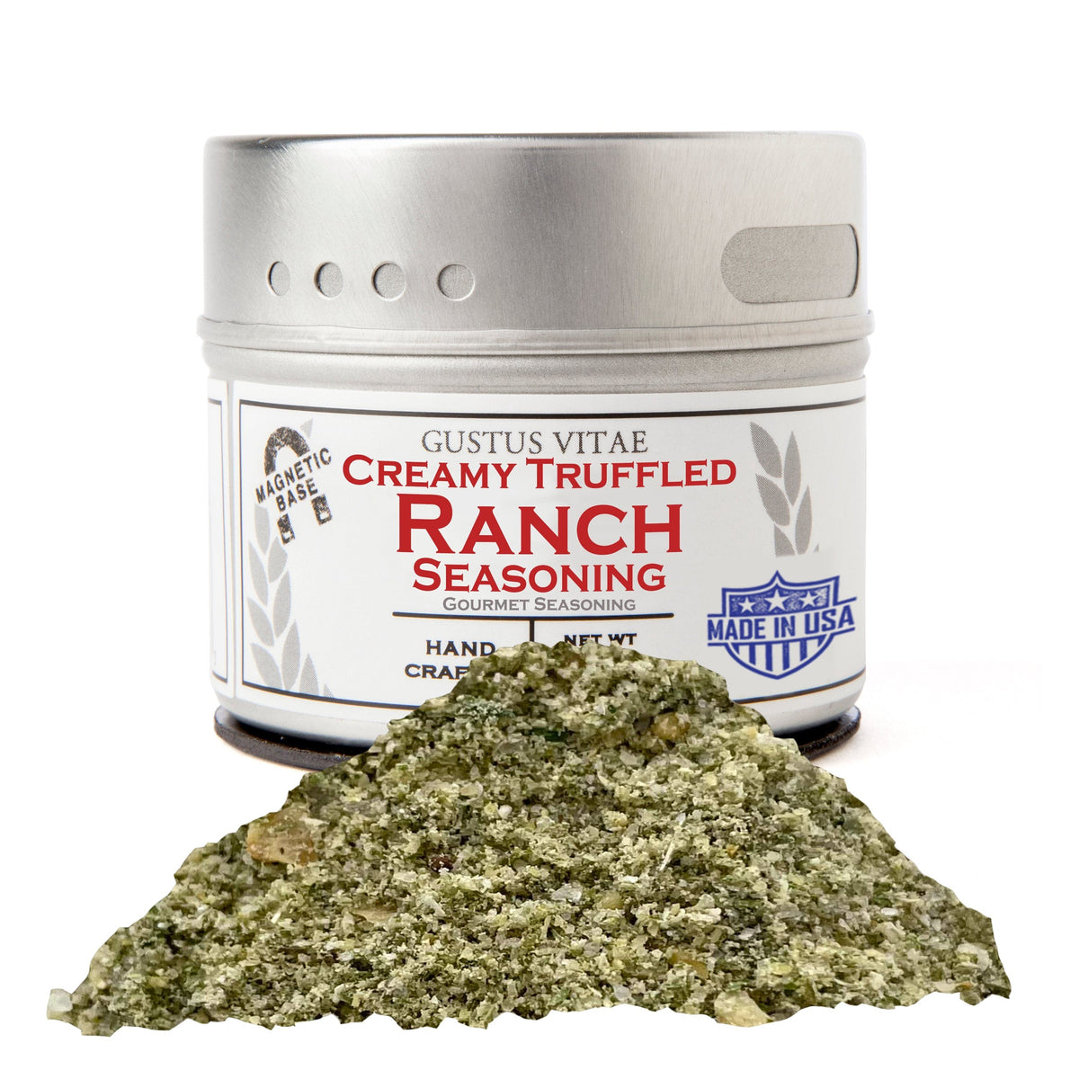Gustus Vitae Creamy Truffled Ranch Seasoning in a jar, gourmet seasoning blend with creamy and truffle flavors.
