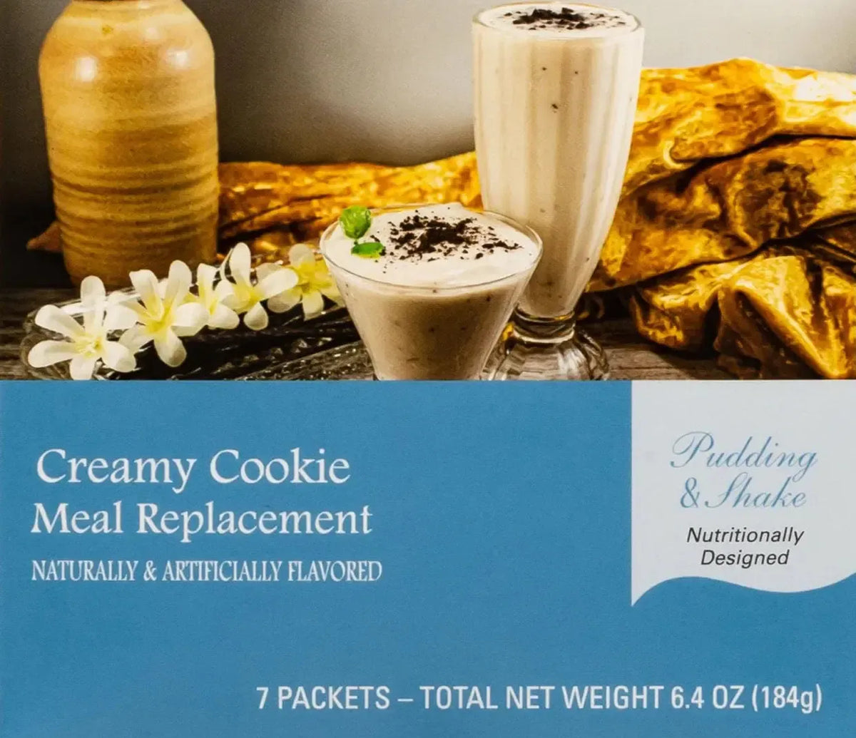 AmBari Nutrition Creamy Cookie Shake box showing a delicious, creamy cookie-flavored shake in a glass with cookies and milk.