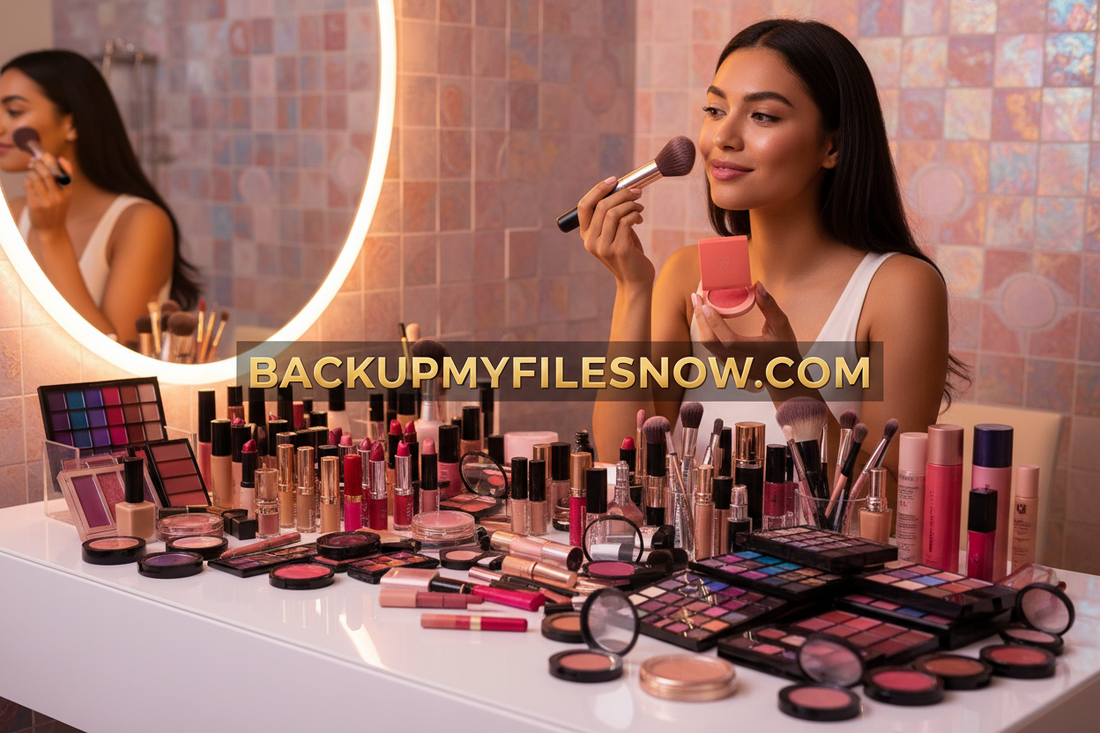 create a beautiful and colorful image of a women applying makeup to her face. please add as many makeup collection types as you can. Include brandname: BACKUPMYFILESNOW.COM in bold font as a watermark