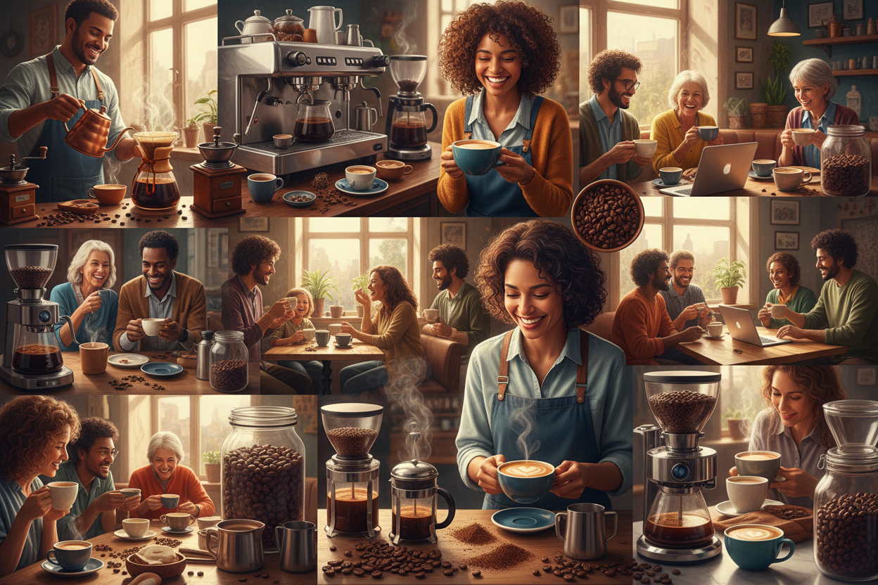 Create a beautiful and colorful image of coffee, coffee makers and accessories for all coffee lovers. All as many images showing coffee brewing and people enjoying a fresh cup of coffee