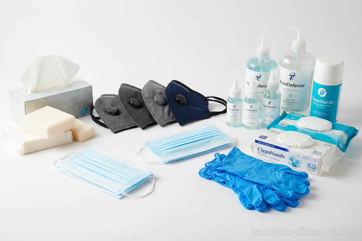 Create images of Protective Face Masks, Hand Sanitizers, Protective Gloves, Wipes & Personal Care Products. Show both N95 and KN95 reusable and disposable. Add my water make brand backupmyfilesnow.com