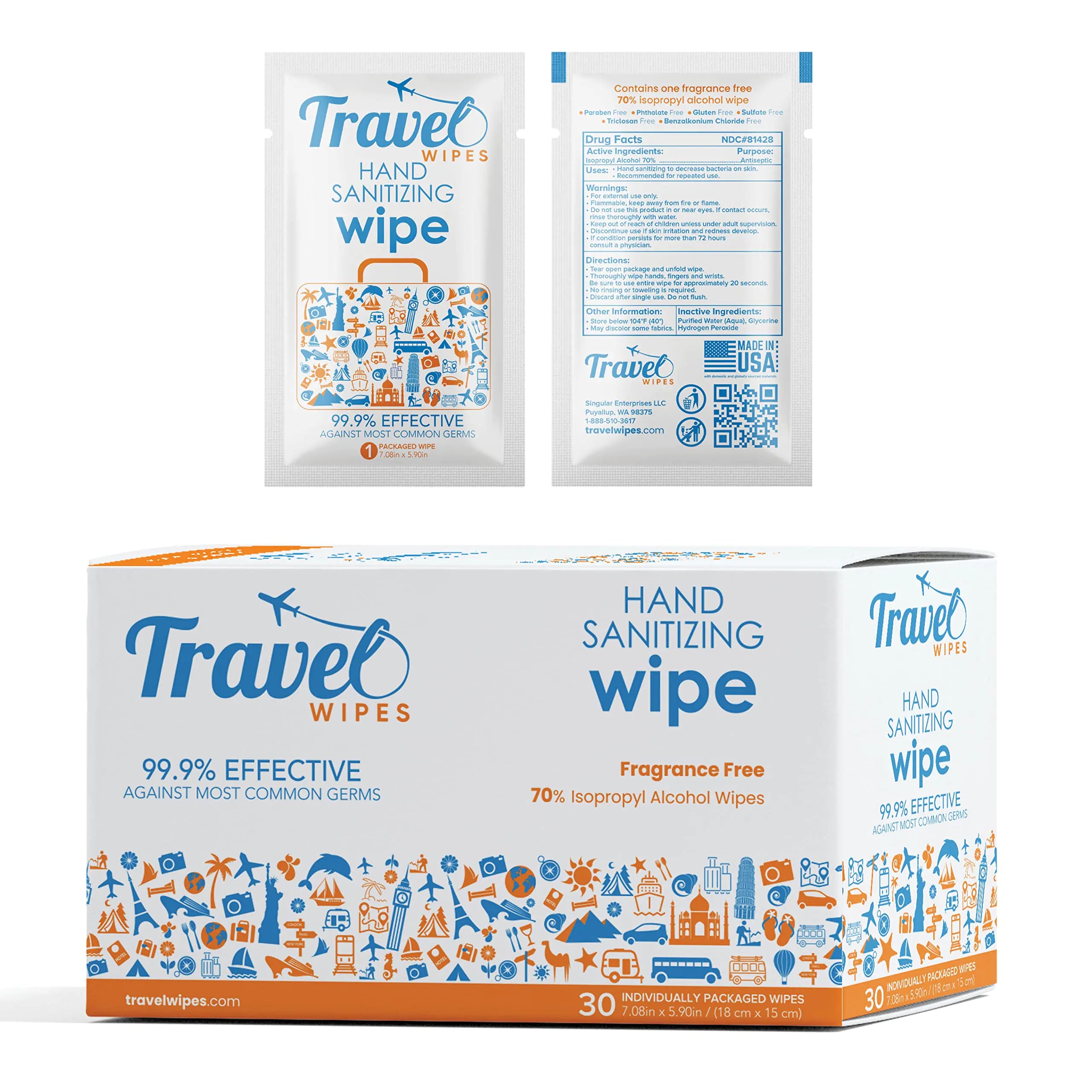 Travel Wipes HAND SANITIZING Individually Packed Premium Hand Sanitizing Wipes for Travel Home Office School etc. with Moisturizer - Manufactured in USA (Fragrance-Free 30ct Box)