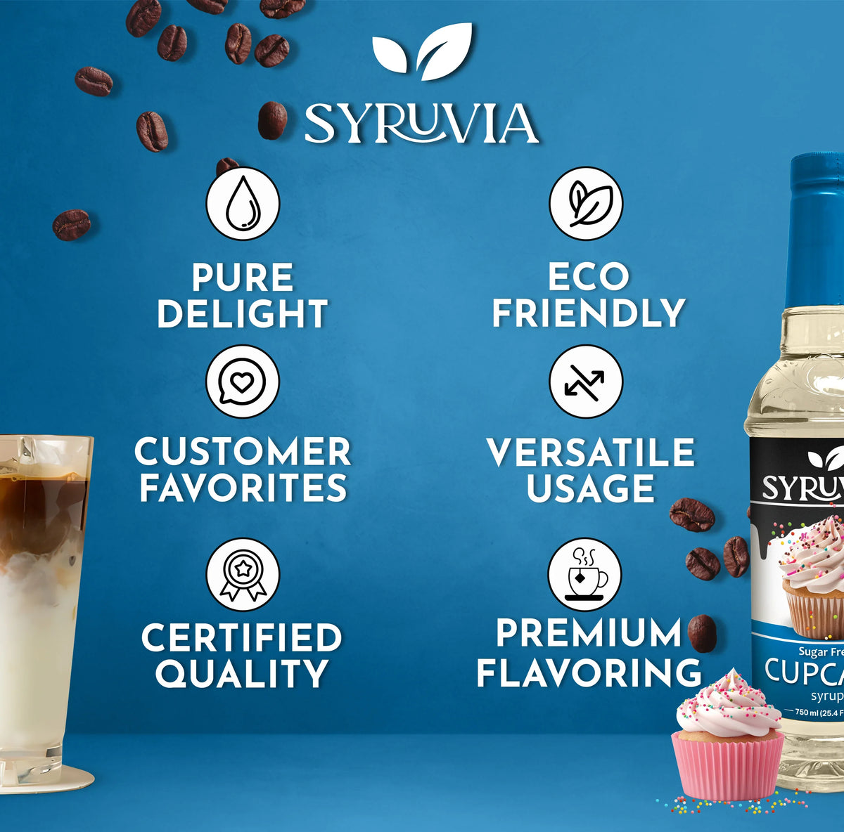 Sugar-free cupcake syrup by Syruvia, showing a bottle of flavoring for coffee or desserts on a white background.
