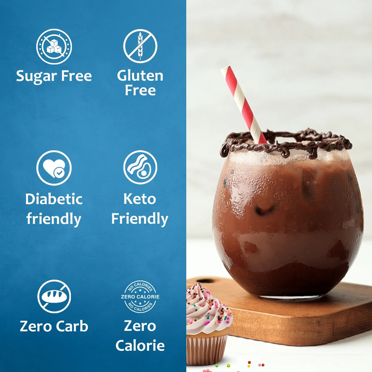 Sugar-free cupcake syrup by Syruvia, showing a bottle of sweet, vanilla-flavored coffee syrup for baking and beverages.
