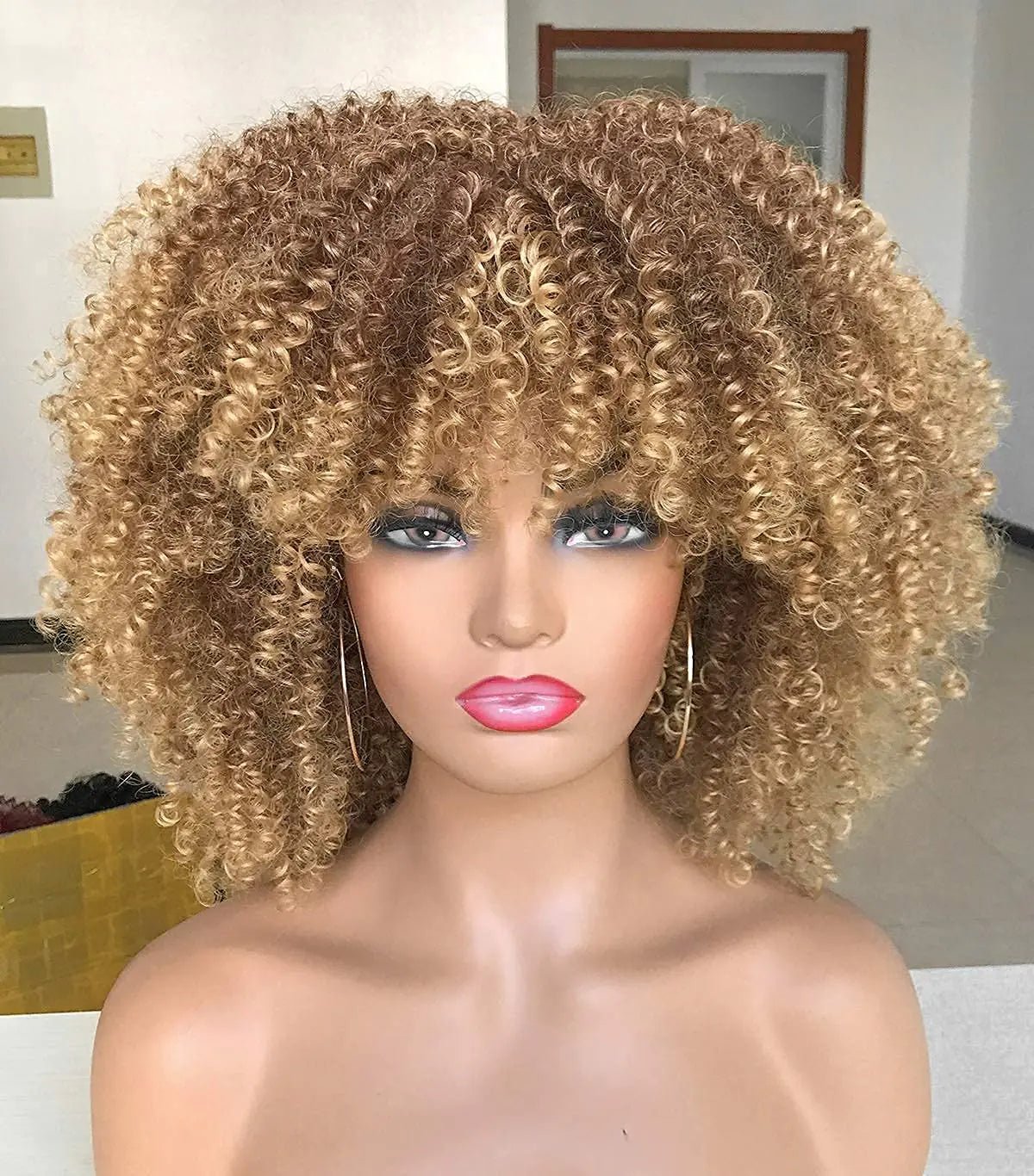 Curly Afro Wigs for Black Women Short Kinky Curly Wigs with Bangs 14inch Blonde Afro Hair Synthetic Fibre Wigs - BACKUPMYFILESNOW