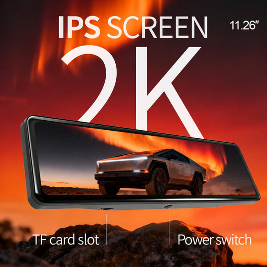 Cybertruck 11.26-inch streaming rearview mirror with 2K dual dashcam and 105° expanded vision for enhanced vehicle safety.