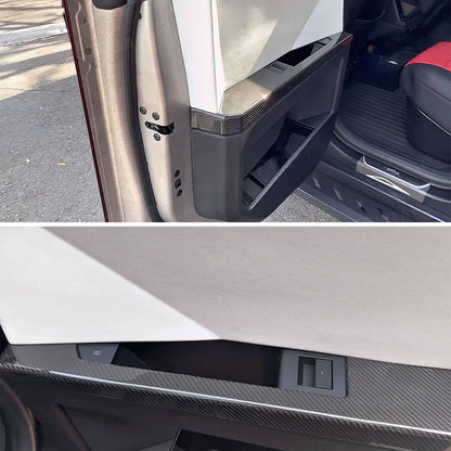 Cybertruck lower door panel armrest overlays in real molded carbon fiber, 4-piece set, designed for durable style and fit.