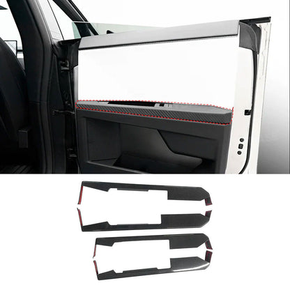 Cybertruck lower door panel armrest overlays in real molded carbon fiber, 4-piece set for Tesla Cybertruck interior upgrade.